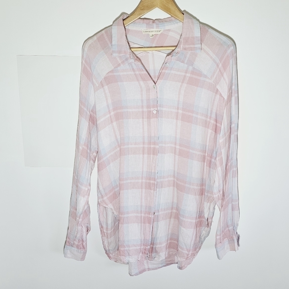 Lovestitch Linen Blend Coastal Cowgirl Button Down Plaid Women's Shirt Size M